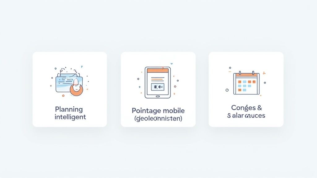 Icônes illustrant les fonctionnalités d'un logiciel de gestion des temps : planification intelligente, pointage mobile et gestion des congés et salaires.