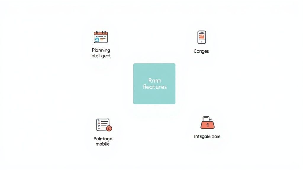 Illustration des diverses fonctionnalités logicielles: planification intelligente, gestion des congés, pointage mobile et paie intégrée.