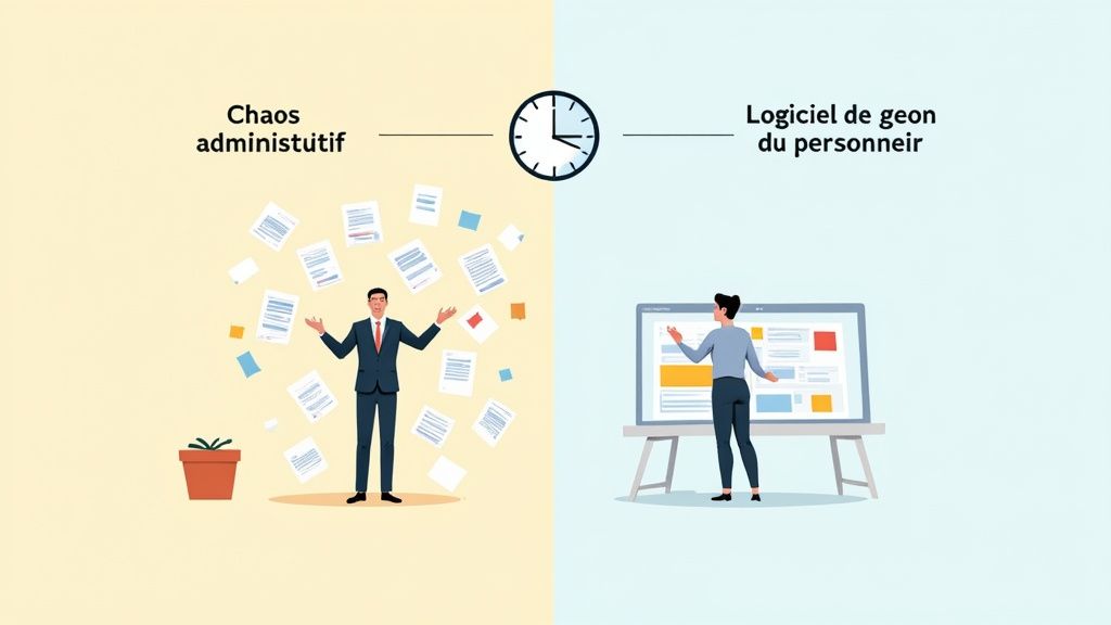 Illustration montrant le passage du chaos administratif avec des papiers volants à la gestion organisée du personnel avec un logiciel moderne.