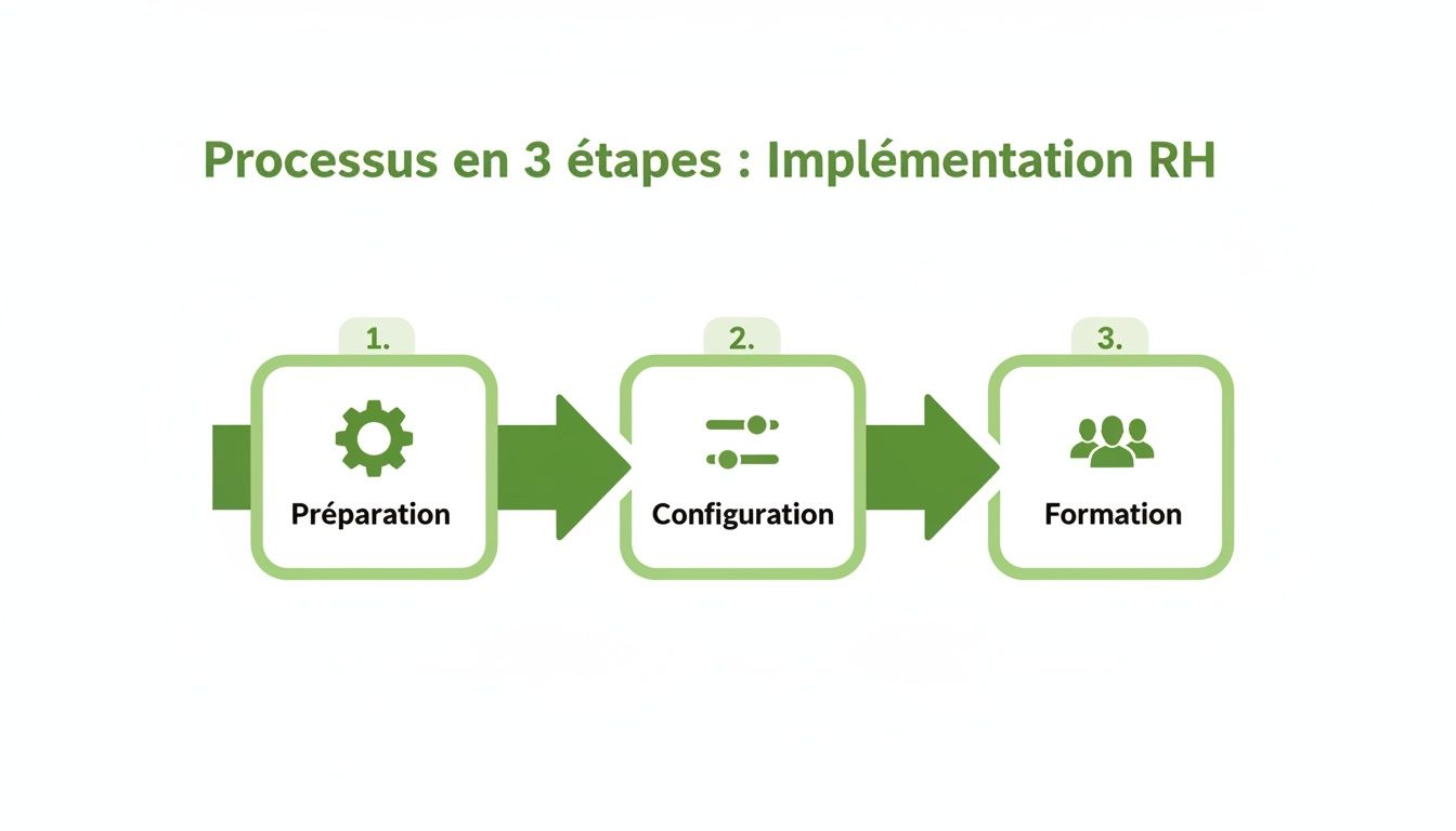 Diagramme de flux montrant le processus d'implémentation RH en 3 étapes : Préparation, Configuration et Formation.