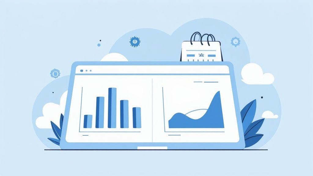 Illustration d'un ordinateur portable affichant des graphiques de données et un calendrier, symbolisant l'analyse.