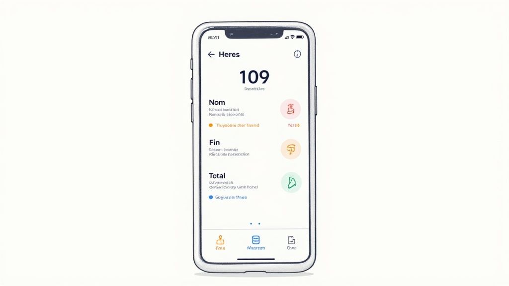 Écran de smartphone affichant une application de gestion des données avec le nombre 109, des catégories et des icônes.