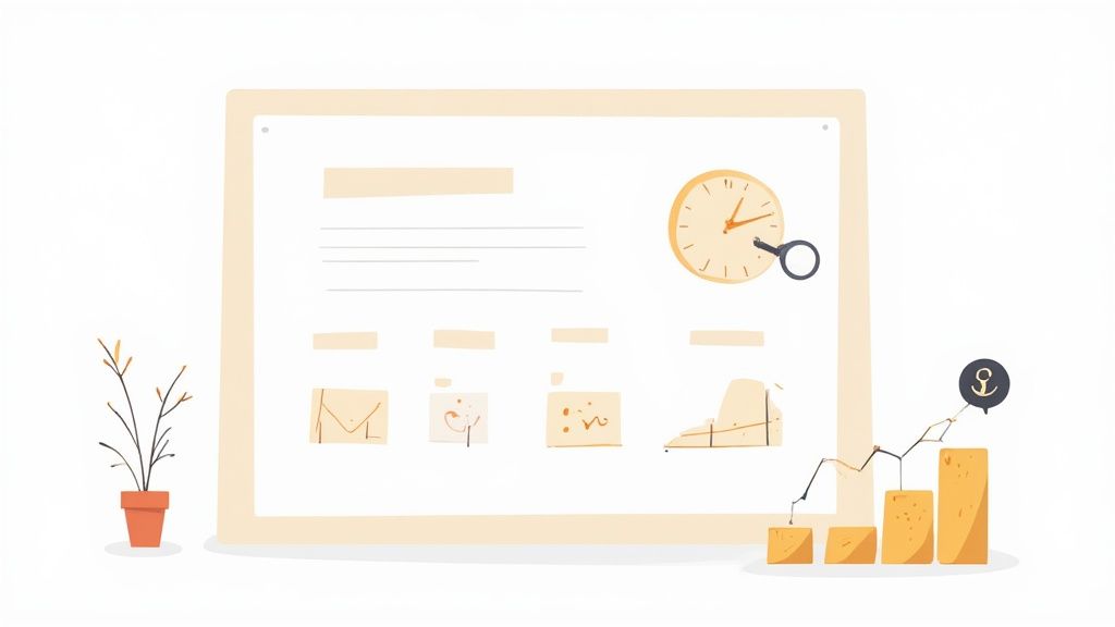 Tableau de bord numérique affichant une horloge, des graphiques de progression et une plante en pot. Illustration de gestion du temps.