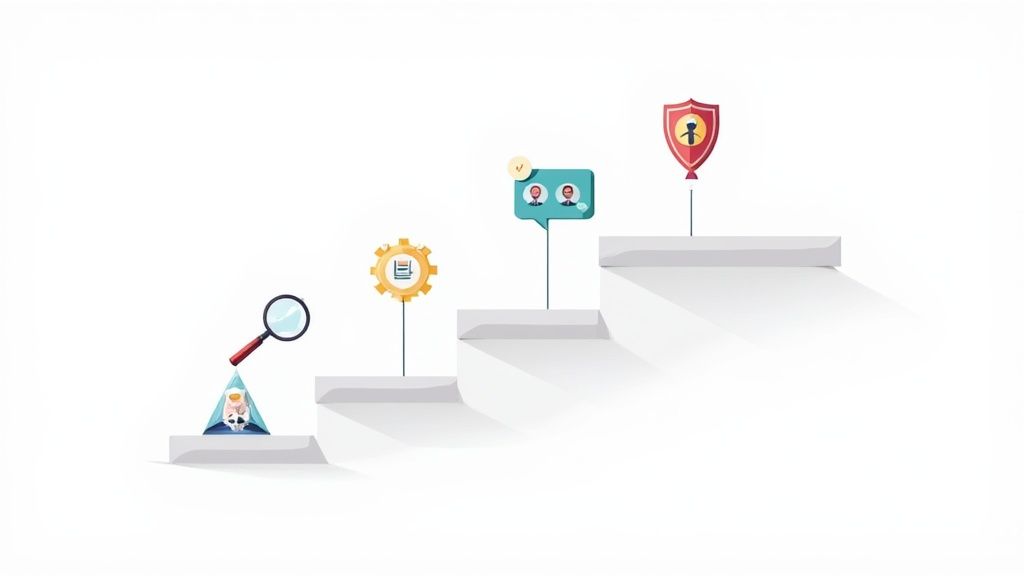 Progression en quatre étapes avec des icônes représentant l'analyse, la configuration, la communication et la sécurité.