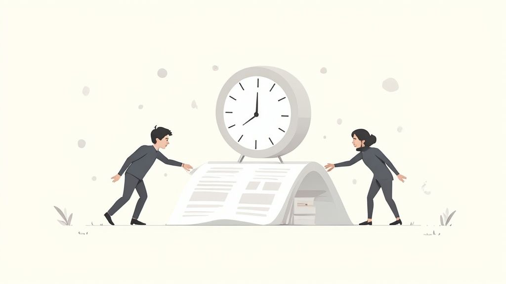 Deux personnes poussent un grand document sous une horloge, symbolisant la gestion du temps et des tâches au travail.