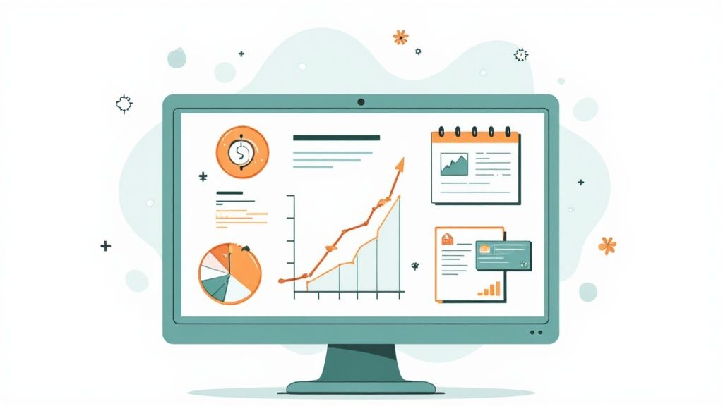 Écran d'ordinateur moderne affichant des tableaux de bord, graphiques financiers et indicateurs de performance clés pour l'analyse de données.