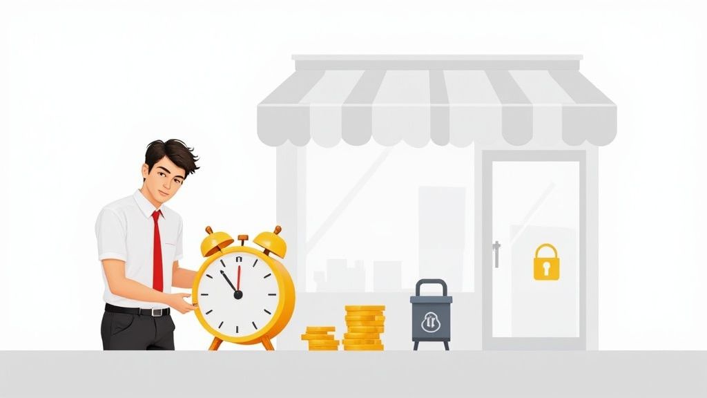 Un homme souriant tient une grande horloge dorée devant un magasin fermé. Des pièces et une poubelle sont au sol.