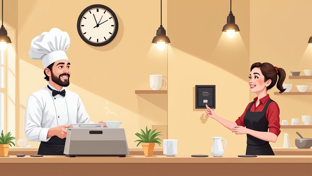 Deux employés de restaurant, un chef souriant et une serveuse utilisant une badgeuse murale.