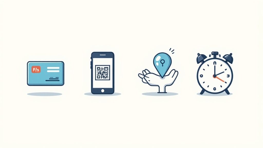 Illustrations d'une carte d'identité, d'un smartphone avec QR code, d'une main avec broche de localisation et d'un réveil.