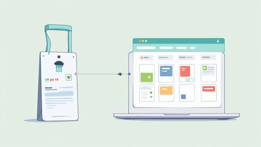 Un badgeuse numérique est connectée à un ordinateur portable affichant une interface d'applications.