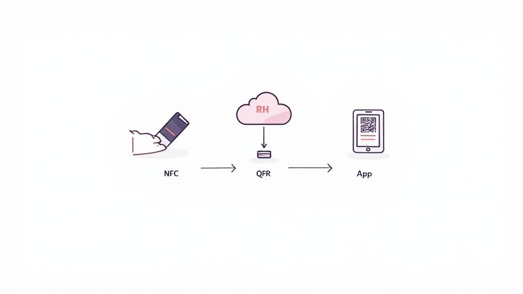Diagramme montrant un flux de données : NFC, cloud RH, dispositif QPR, et application mobile affichant un code QR.