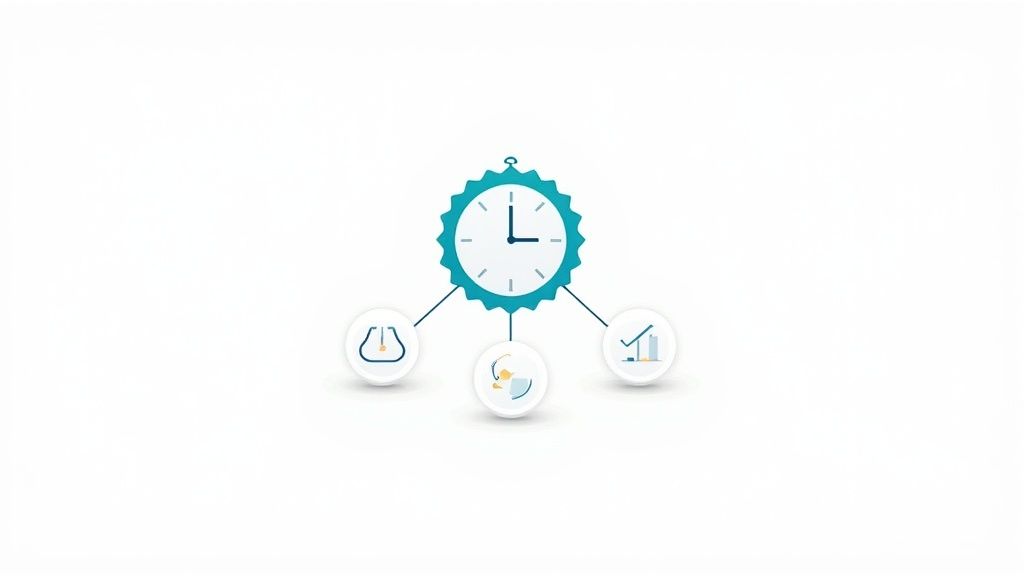 Une horloge bleue avec trois icônes circulaires : un bécher, un processus cyclique et un graphique, symbolisant la gestion du temps et l'efficacité.