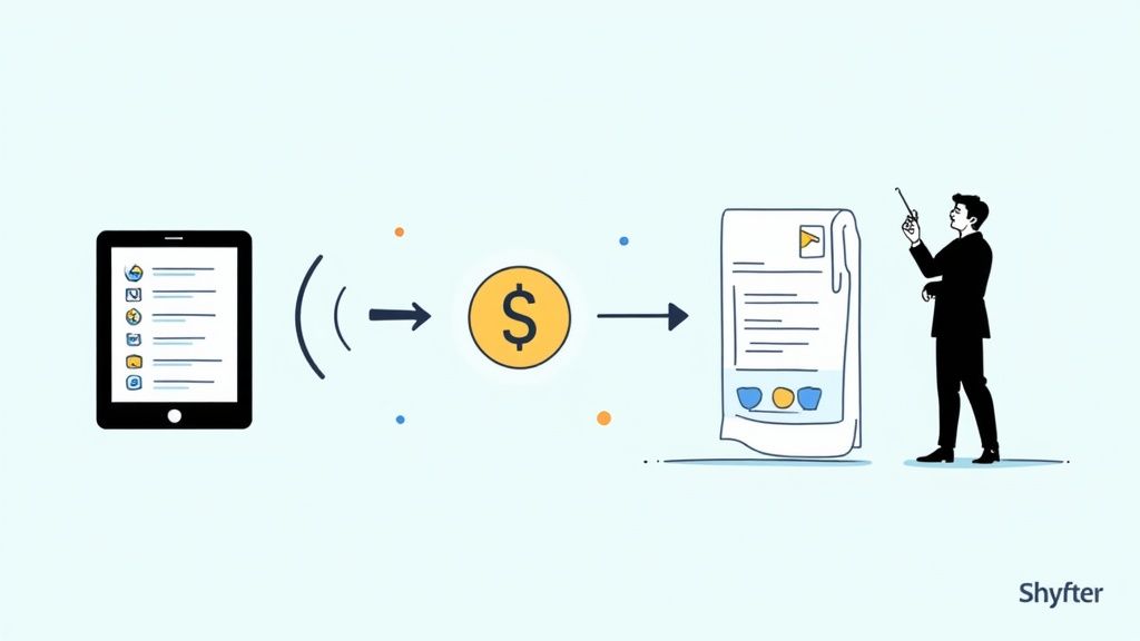 Illustration d'une tablette, d'un symbole dollar et d'un document, examinés par un homme, représentant un processus numérique.