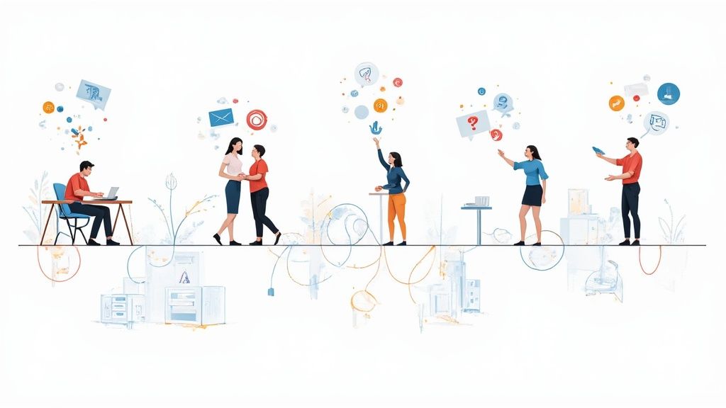 Scène illustrée de personnes interagissant avec des bulles de discussion et des icônes numériques, symbolisant la communication et l'échange d'informations.