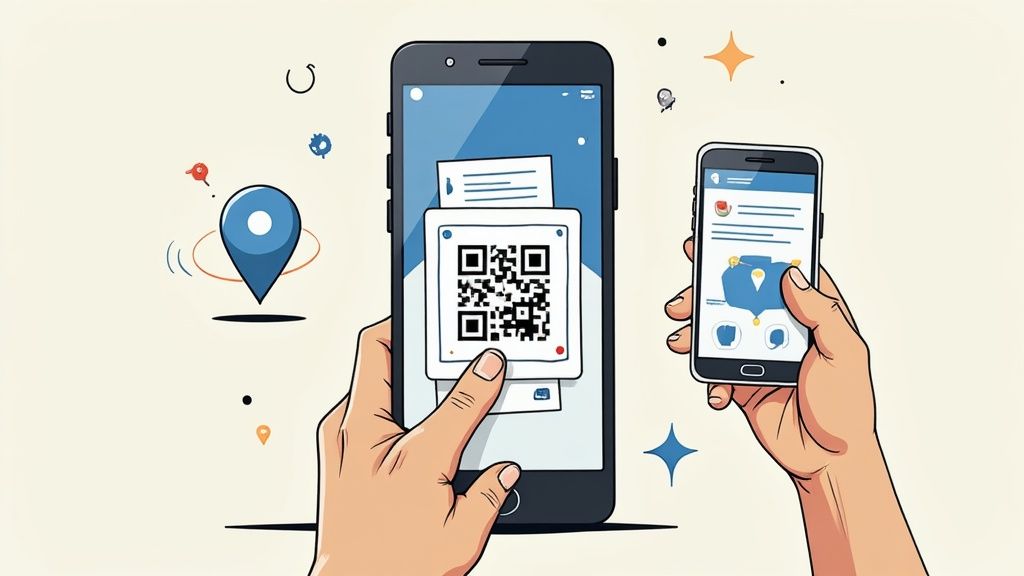 Deux smartphones scannant un code QR pour pointer et géolocaliser les employés au travail