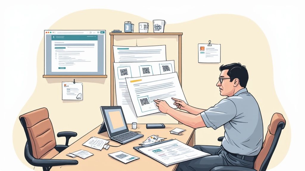 Professionnel examinant des documents avec codes QR pour système de pointeuse en bureau