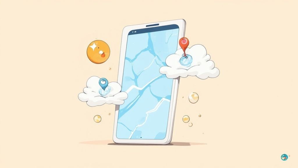 Smartphone affichant une carte avec des marqueurs de géolocalisation et des nuages décoratifs