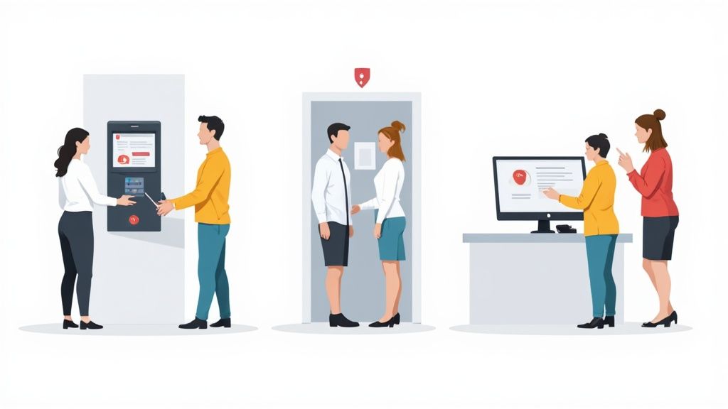 Trois scènes montrant l'utilisation d'une badgeuse digitale : terminal mural, contrôle d'accès et pointage sur ordinateur