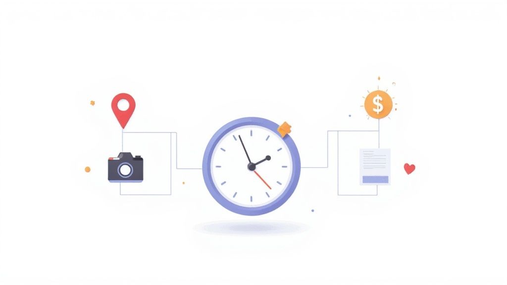 Horloge numérique entourée d'icônes représentant la géolocalisation, la photographie, les documents et les paiements