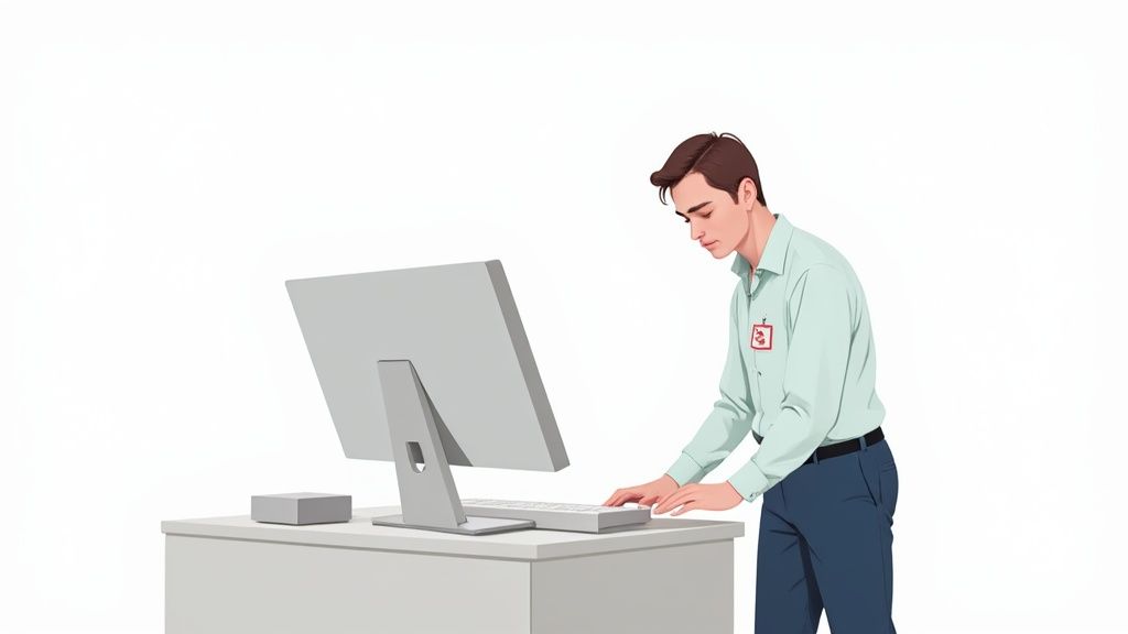 Employé debout utilisant un système de pointage informatique sur un bureau moderne