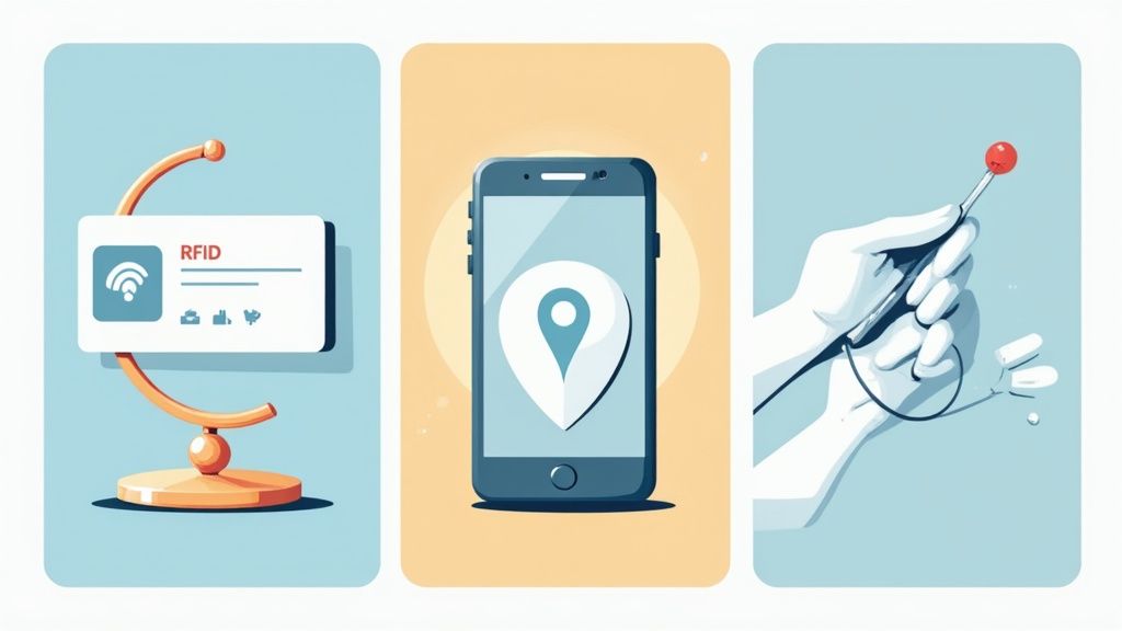 Trois technologies modernes : carte RFID, smartphone avec localisation GPS et main robotique illustrant l'innovation numérique