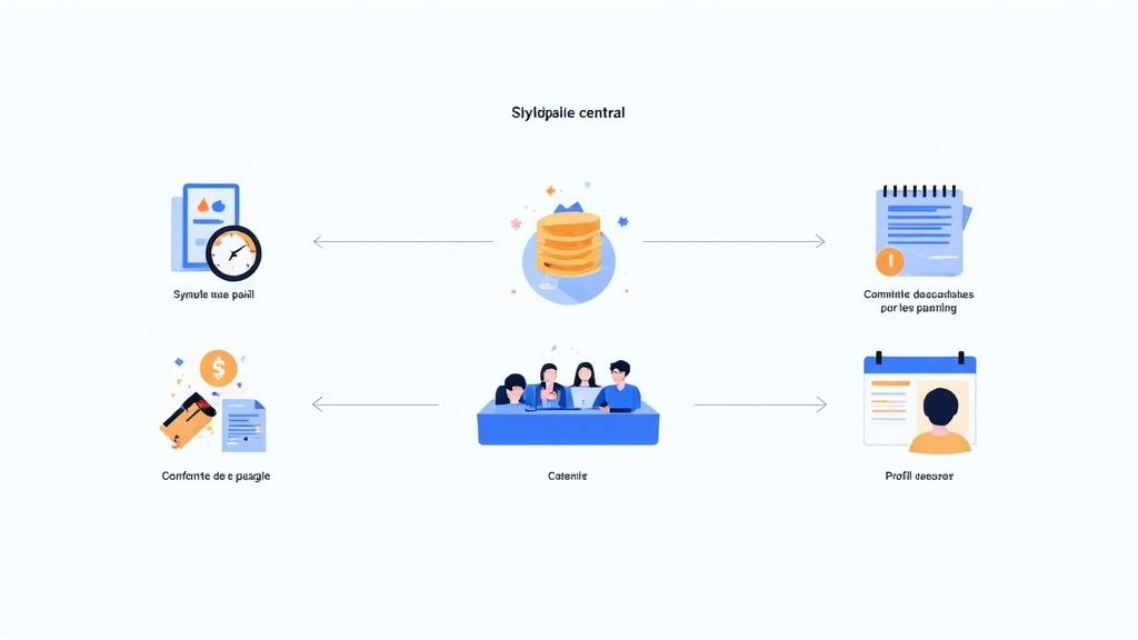 Schéma du système central Styldpalle connectant les employés, badges de pointage et gestion des horaires