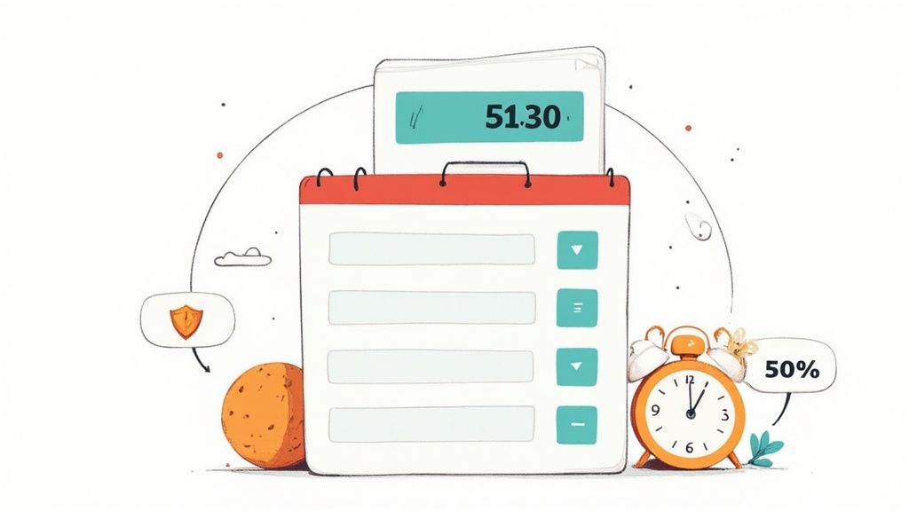 Une calculatrice et un stylo posés sur des fiches de paie et des documents de planification