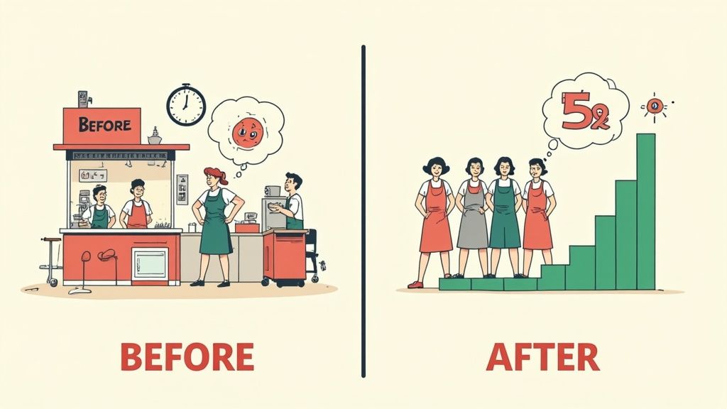 Un graphique montrant une croissance positive, superposé à une photo d'un restaurant animé.