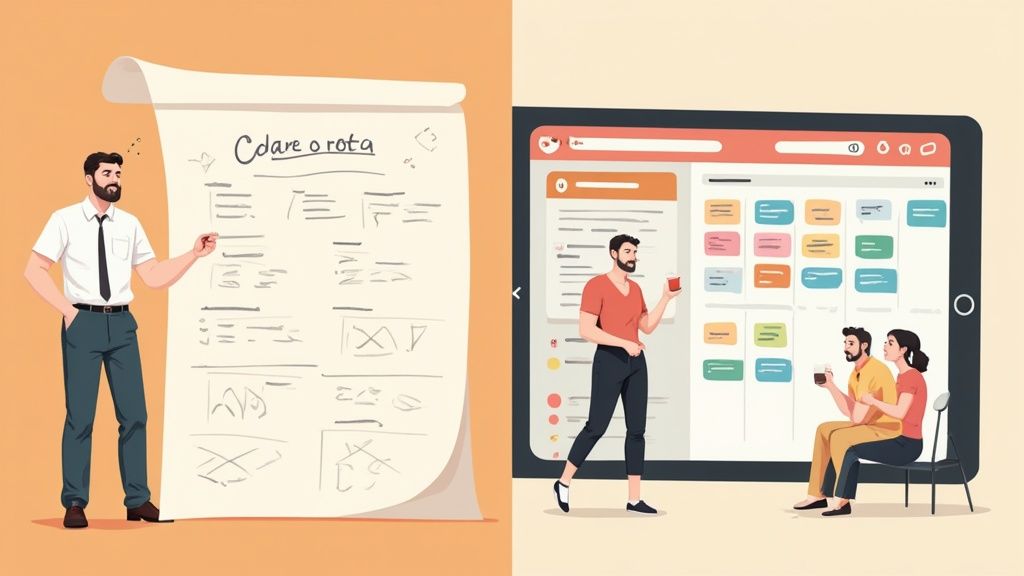 Manager en restauration travaillant sur un ordinateur portable, symbolisant la digitalisation du planning.