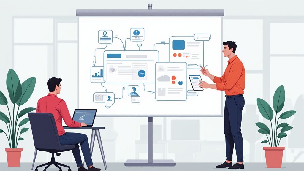 Une personne pointant du doigt un écran d'ordinateur affichant un planning, expliquant le fonctionnement à une équipe