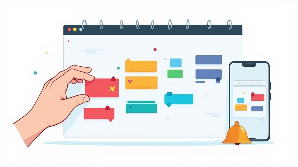 Une capture d'écran d'un logiciel de planification intuitif avec des blocs de couleur et des icônes d'employés
