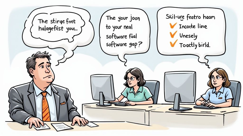 Deux personnes discutant devant un ordinateur portable dans un bureau