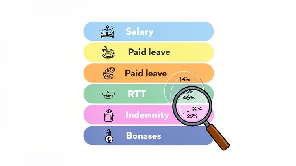 Graphique listant les composantes de rémunération : Salaire, Congés payés, RTT, Indemnité, Bonifications, avec des pourcentages.