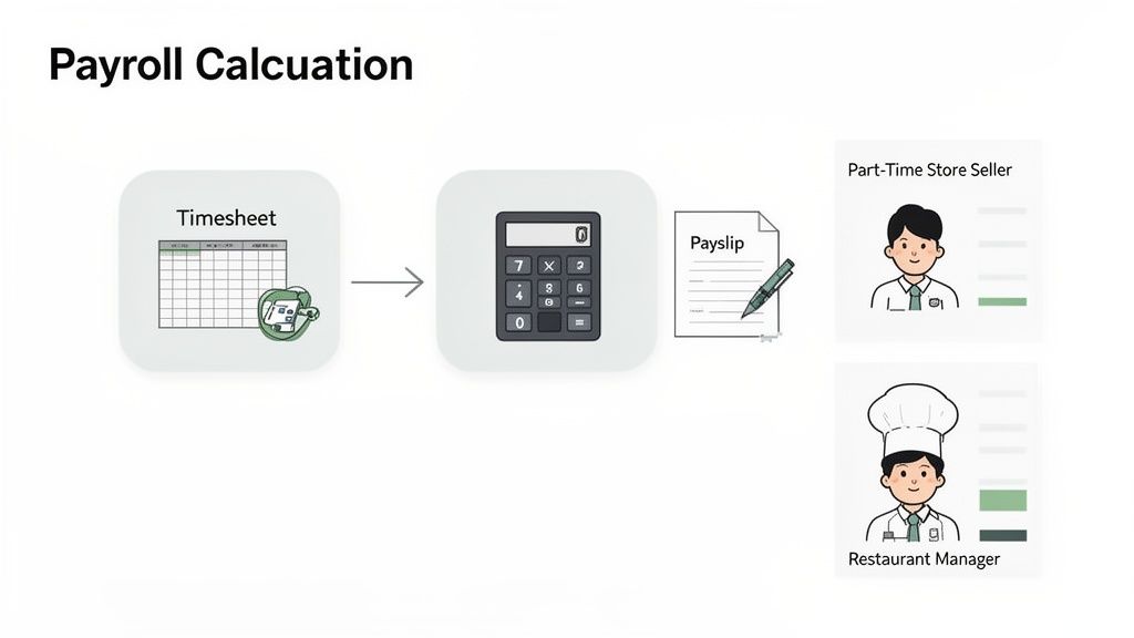 Illustration du processus de calcul de la paie, incluant les fiches de temps, la calculatrice, les fiches de paie et les employés.