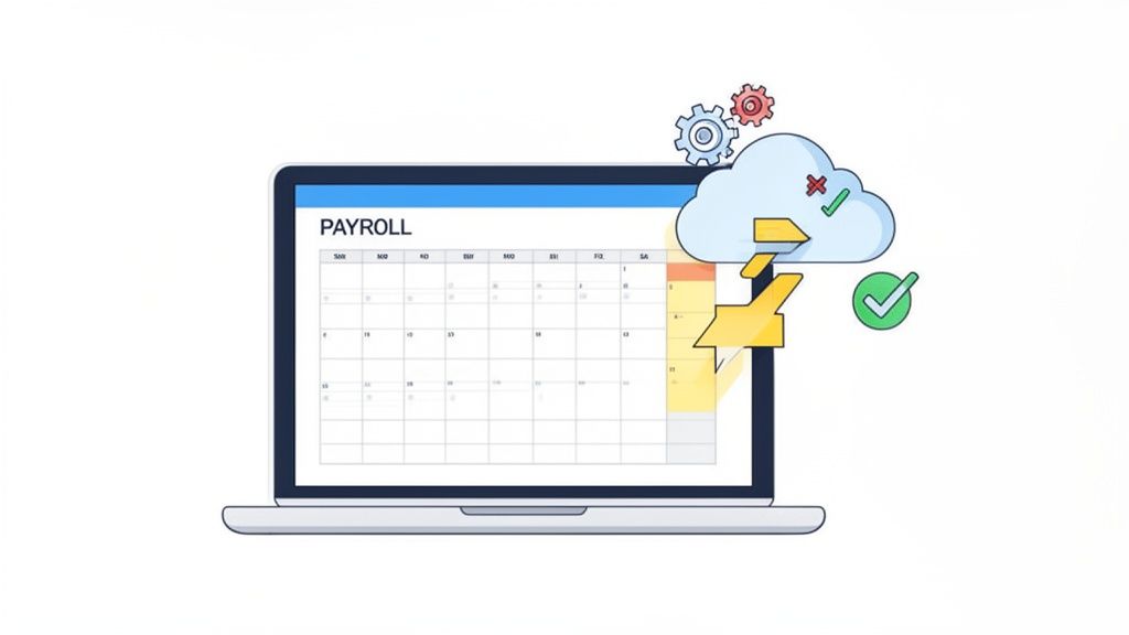 Un ordinateur portable affiche un calendrier de paie, avec un cloud et des engrenages symbolisant le traitement des données.
