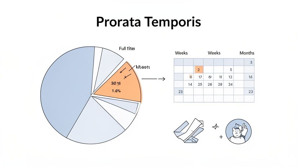 Une infographie sur le prorata temporis, avec un diagramme circulaire, un calendrier et des symboles visuels.
