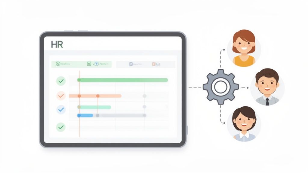 Tablette affichant une interface RH avec un tableau de bord et des graphiques, connectée à un engrenage et des avatars d'employés.