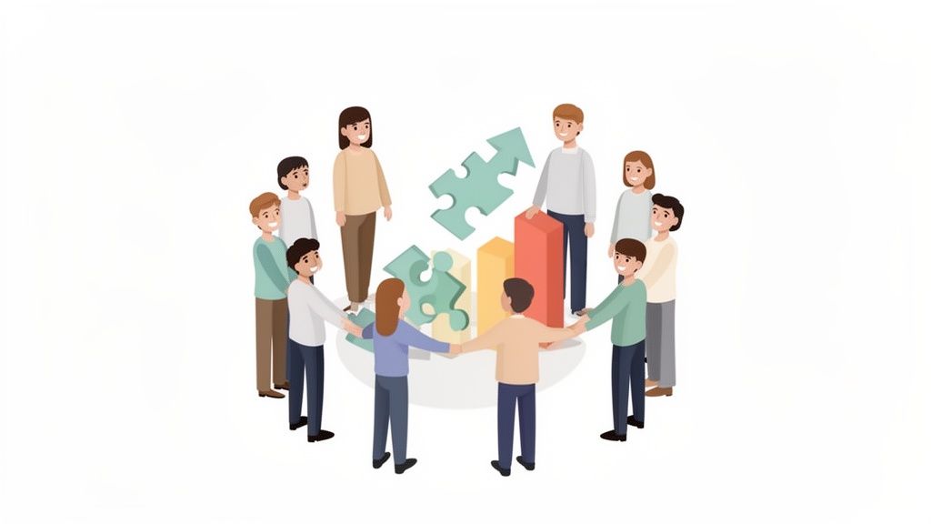 Un groupe diversifié de personnes collaborant en cercle, symbolisant le travail d'équipe, la croissance et la résolution de problèmes.