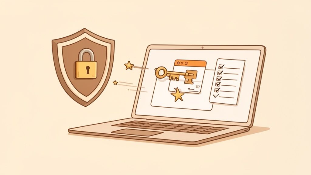 Ordinateur portable sécurisé affichant une clé, une liste de contrôle et un bouclier avec un cadenas pour la protection des données.