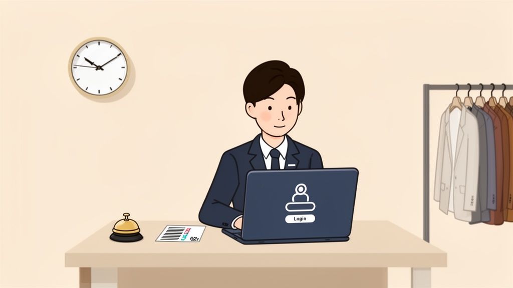 Un homme en costume utilise un ordinateur portable avec un écran de connexion sur un bureau d'accueil.