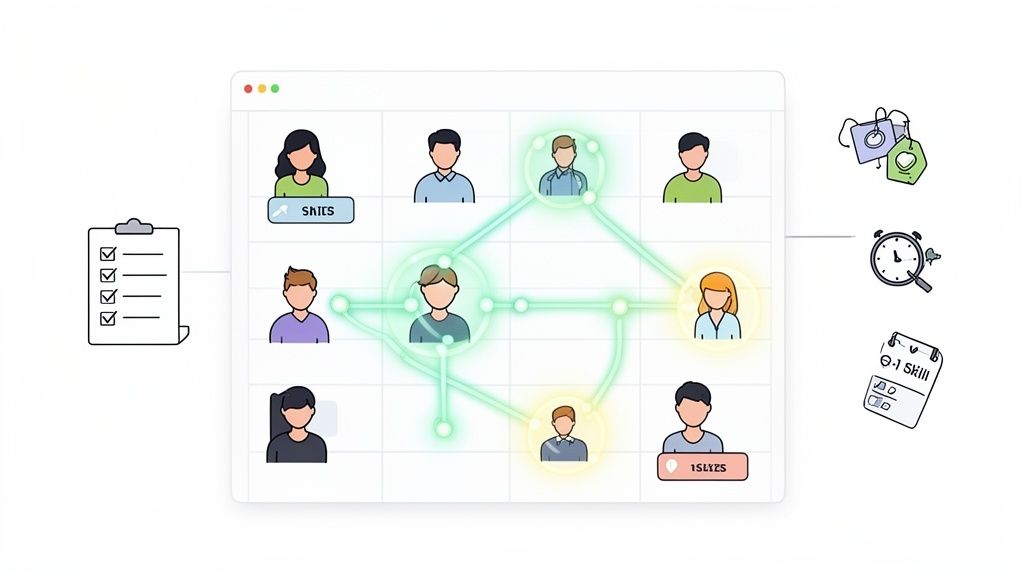 Illustration montrant un réseau de personnes connectées dans une interface numérique, avec des icônes de tâches, compétences et temps.