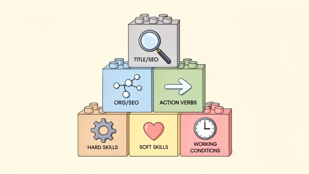 Illustration d'une fiche de poste idéale en blocs Lego, détaillant le titre, les compétences et les conditions de travail.