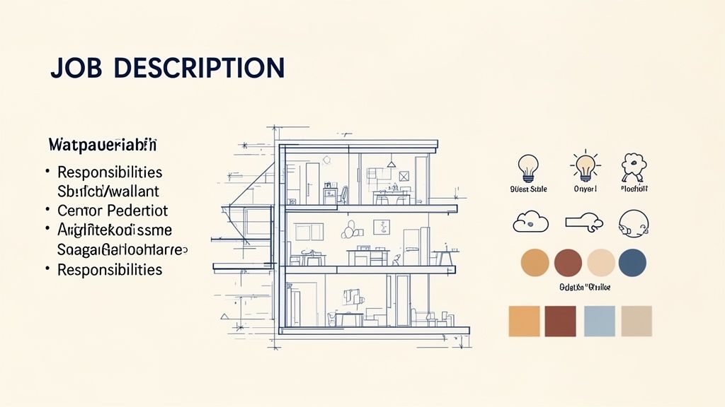 Description de poste avec un plan architectural détaillé d'un bâtiment, des icônes et des palettes de couleurs.