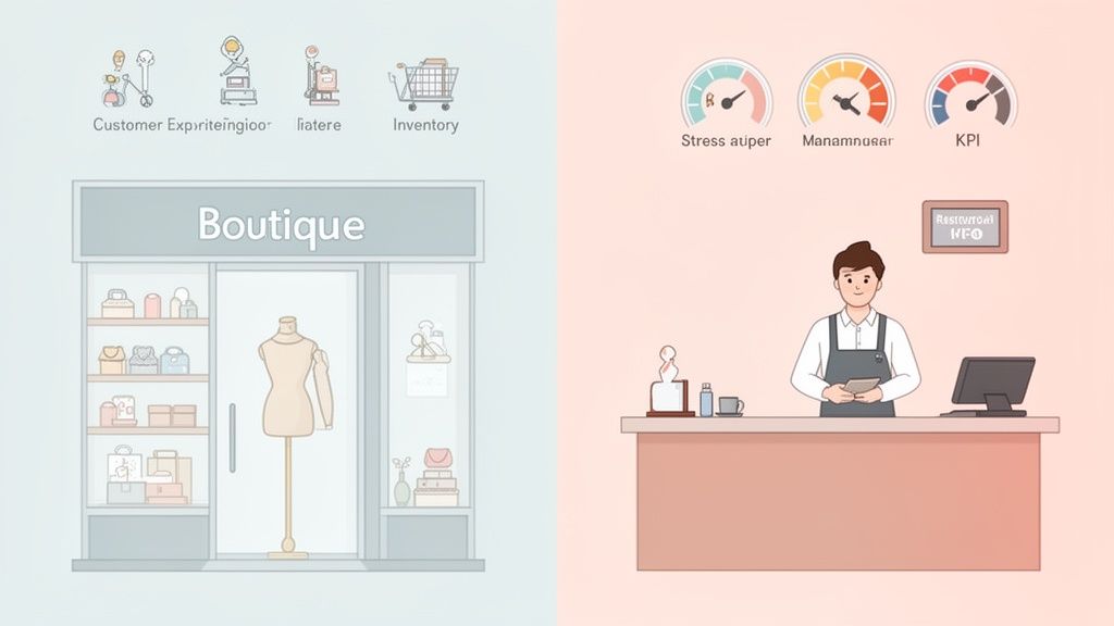 Illustration d'une boutique avec son inventaire et un vendeur gérant les indicateurs de performance.