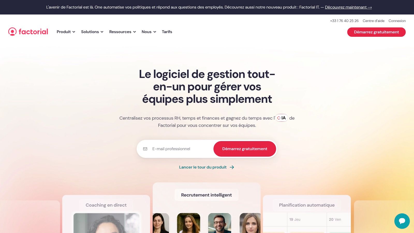 La page d'accueil du logiciel Factorial présentant ses fonctionnalités RH