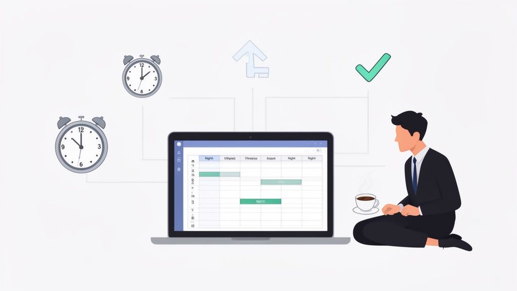 Illustration d'un homme gérant son temps et ses horaires de travail de nuit sur un ordinateur portable, avec des alarmes.