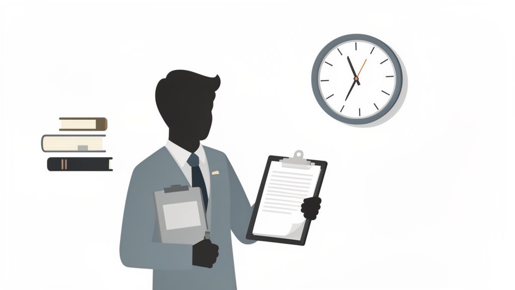 Un homme en costume tient des presse-papiers, avec des livres et une horloge. Représente le travail et la gestion du temps.