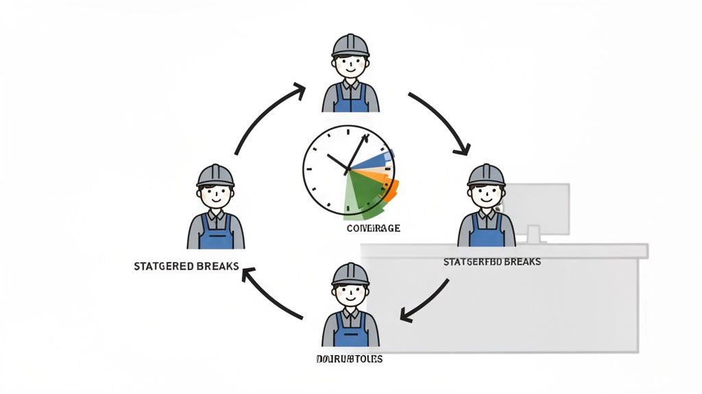 Quatre travailleurs planifiant des pauses échelonnées autour d'une horloge pour assurer une couverture continue.