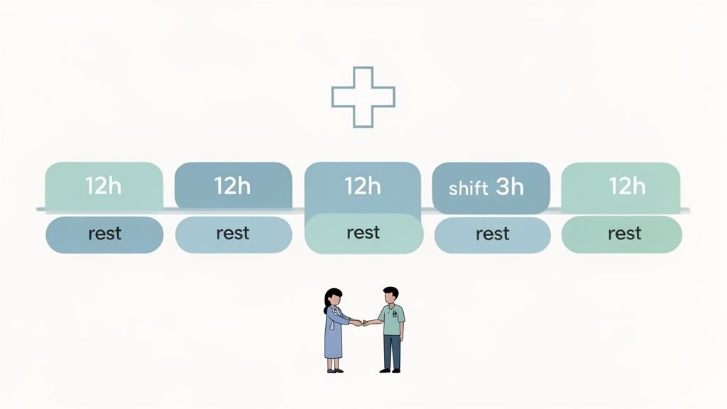 Planning hospitalier illustré avec des shifts de 12 heures, des périodes de repos, et deux professionnels de la santé se serrant la main.