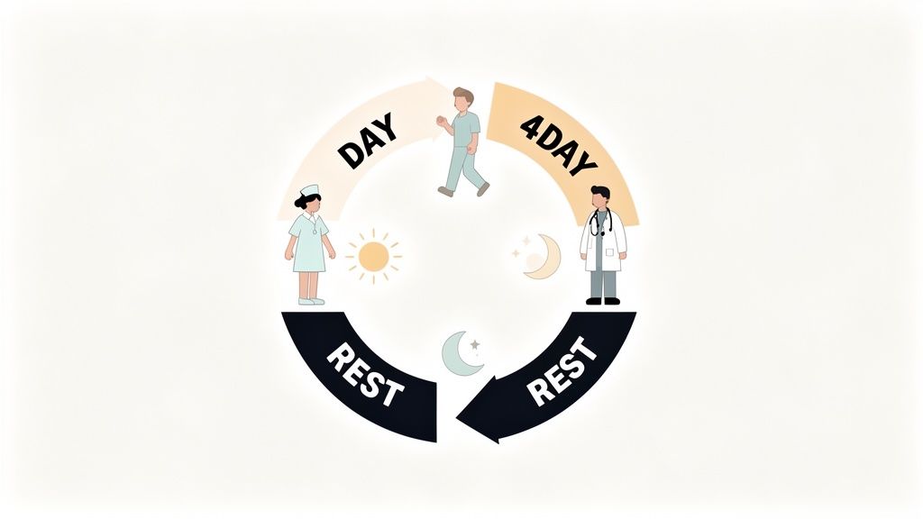 Schéma circulaire d'un cycle de travail et de repos pour le personnel hospitalier, illustrant les quarts de jour et de nuit.